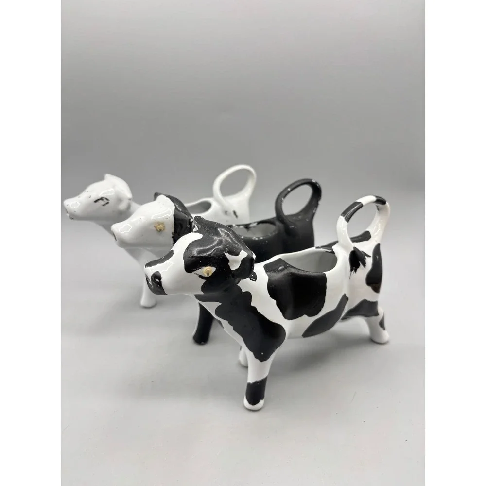 Ceramic Cow Creamer Set of 3 Black White Spotted Farmhouse Kitchen Decor